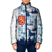 Finland Christmas Padded Jacket with Reindeer Forest Crest and Nordic Pattern Design - Wonder Print Shop