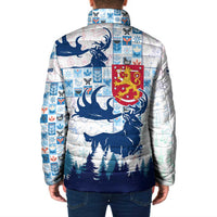 Finland Christmas Padded Jacket with Reindeer Forest Crest and Nordic Pattern Design - Wonder Print Shop