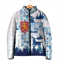 Finland Christmas Padded Jacket with Reindeer Forest Crest and Nordic Pattern Design - Wonder Print Shop