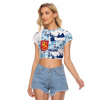 Finland Christmas Raglan Cropped T Shirt with Reindeer Forest Crest and Nordic Pattern Design - Wonder Print Shop