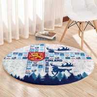 Finland Christmas Round Carpet with Reindeer Forest Crest and Nordic Pattern Design - Wonder Print Shop