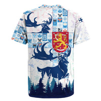 Finland Christmas Rugby Jersey with Reindeer Forest Crest and Nordic Pattern Design - Wonder Print Shop