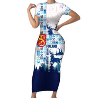 Finland Christmas Short Sleeve Bodycon Dress with Reindeer Forest Crest and Nordic Pattern Design - Wonder Print Shop