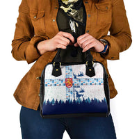 Finland Christmas Shoulder Handbag with Reindeer Forest Crest and Nordic Pattern Design - Wonder Print Shop