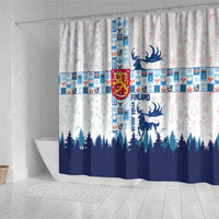 Finland Christmas Shower Curtain with Reindeer Forest Crest and Nordic Pattern Design - Wonder Print Shop