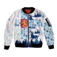 Finland Christmas Sleeve Zip Bomber Jacket with Reindeer Forest Crest and Nordic Pattern Design - Wonder Print Shop