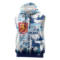 Finland Christmas Sleeveless Hoodie with Reindeer Forest Crest and Nordic Pattern Design - Wonder Print Shop