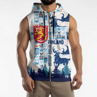 Finland Christmas Sleeveless Zip Hoodie with Reindeer Forest Crest and Nordic Pattern Design - Wonder Print Shop