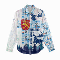 Finland Christmas Women Casual Shirt with Reindeer Forest Crest and Nordic Pattern Design - Wonder Print Shop