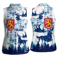 Finland Christmas Women Sleeveless Polo Shirt with Reindeer Forest Crest and Nordic Pattern Design - Wonder Print Shop