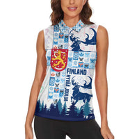Finland Christmas Women Sleeveless Polo Shirt with Reindeer Forest Crest and Nordic Pattern Design - Wonder Print Shop