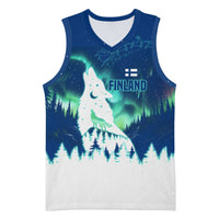 Finland Christmas Basketball Jersey with Howling Wolf Northern Lights Forest and Snow Design - Wonder Print Shop