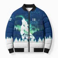 Finland Christmas Bomber Puffer Jacket with Howling Wolf Northern Lights Forest and Snow Design - Wonder Print Shop