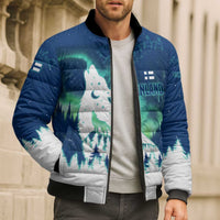 Finland Christmas Bomber Puffer Jacket with Howling Wolf Northern Lights Forest and Snow Design - Wonder Print Shop