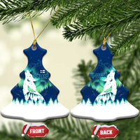 Finland Christmas Ceramic Ornament with Howling Wolf Northern Lights Forest and Snow Design - Wonder Print Shop