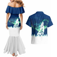 Finland Christmas Couples Matching Mermaid Dress and Hawaiian Shirt with Howling Wolf Northern Lights Forest and Snow Design - Wonder Print Shop