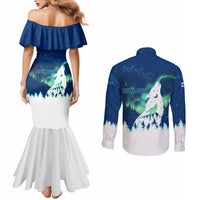 Finland Christmas Couples Matching Mermaid Dress and Long Sleeve Button Shirt with Howling Wolf Northern Lights Forest and Snow Design - Wonder Print Shop