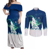 Finland Christmas Couples Matching Off Shoulder Maxi Dress and Long Sleeve Button Shirt with Howling Wolf Northern Lights Forest and Snow Design - Wonder Print Shop