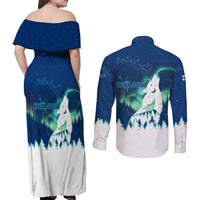 Finland Christmas Couples Matching Off Shoulder Maxi Dress and Long Sleeve Button Shirt with Howling Wolf Northern Lights Forest and Snow Design - Wonder Print Shop