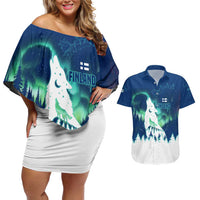 Finland Christmas Couples Matching Off Shoulder Short Dress and Hawaiian Shirt with Howling Wolf Northern Lights Forest and Snow Design - Wonder Print Shop