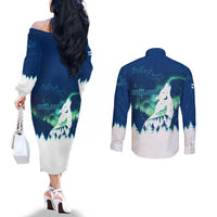 Finland Christmas Couples Matching Off The Shoulder Long Sleeve Dress and Long Sleeve Button Shirt with Howling Wolf Northern Lights Forest and Snow Design - Wonder Print Shop