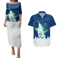 Finland Christmas Couples Matching Puletasi and Hawaiian Shirt with Howling Wolf Northern Lights Forest and Snow Design - Wonder Print Shop