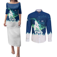 Finland Christmas Couples Matching Puletasi and Long Sleeve Button Shirt with Howling Wolf Northern Lights Forest and Snow Design - Wonder Print Shop