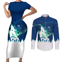 Finland Christmas Couples Matching Short Sleeve Bodycon Dress and Long Sleeve Button Shirt with Howling Wolf Northern Lights Forest and Snow Design - Wonder Print Shop