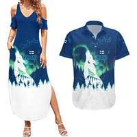 Finland Christmas Couples Matching Summer Maxi Dress and Hawaiian Shirt with Howling Wolf Northern Lights Forest and Snow Design - Wonder Print Shop