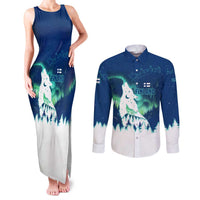 Finland Christmas Couples Matching Tank Maxi Dress and Long Sleeve Button Shirt with Howling Wolf Northern Lights Forest and Snow Design - Wonder Print Shop