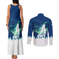 Finland Christmas Couples Matching Tank Maxi Dress and Long Sleeve Button Shirt with Howling Wolf Northern Lights Forest and Snow Design - Wonder Print Shop