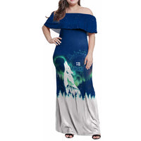 Finland Christmas Family Matching Off Shoulder Maxi Dress and Hawaiian Shirt with Howling Wolf Northern Lights Forest and Snow Design - Wonder Print Shop