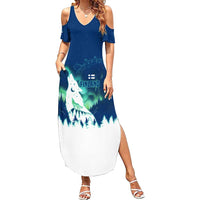 Finland Christmas Family Matching Summer Maxi Dress and Hawaiian Shirt with Howling Wolf Northern Lights Forest and Snow Design - Wonder Print Shop