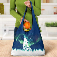Finland Christmas Grocery Bag with Howling Wolf Northern Lights Forest and Snow Design - Wonder Print Shop