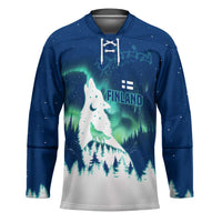 Finland Christmas Hockey Jersey with Howling Wolf Northern Lights Forest and Snow Design - Wonder Print Shop
