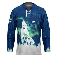 Finland Christmas Hockey Jersey with Howling Wolf Northern Lights Forest and Snow Design - Wonder Print Shop