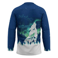 Finland Christmas Hockey Jersey with Howling Wolf Northern Lights Forest and Snow Design - Wonder Print Shop