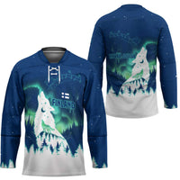 Finland Christmas Hockey Jersey with Howling Wolf Northern Lights Forest and Snow Design - Wonder Print Shop