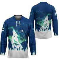 Finland Christmas Hockey Jersey with Howling Wolf Northern Lights Forest and Snow Design - Wonder Print Shop
