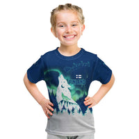 Finland Christmas Kid T Shirt with Howling Wolf Northern Lights Forest and Snow Design - Wonder Print Shop