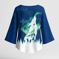 Finland Christmas Kimono Sleeve Blouse with Howling Wolf Northern Lights Forest and Snow Design - Wonder Print Shop