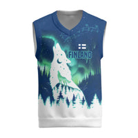 Finland Christmas Knitted V-Neck Vest with Howling Wolf Northern Lights Forest and Snow Design - Wonder Print Shop