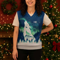 Finland Christmas Knitted V-Neck Vest with Howling Wolf Northern Lights Forest and Snow Design - Wonder Print Shop