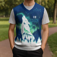 Finland Christmas Knitted V-Neck Vest with Howling Wolf Northern Lights Forest and Snow Design - Wonder Print Shop
