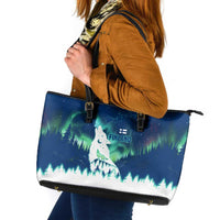 Finland Christmas Leather Tote Bag with Howling Wolf Northern Lights Forest and Snow Design - Wonder Print Shop