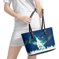 Finland Christmas Leather Tote Bag with Howling Wolf Northern Lights Forest and Snow Design - Wonder Print Shop