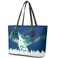 Finland Christmas Leather Tote Bag with Howling Wolf Northern Lights Forest and Snow Design - Wonder Print Shop