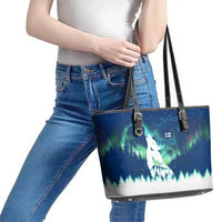Finland Christmas Leather Tote Bag with Howling Wolf Northern Lights Forest and Snow Design - Wonder Print Shop