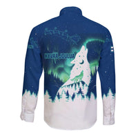 Finland Christmas Long Sleeve Button Shirt with Howling Wolf Northern Lights Forest and Snow Design - Wonder Print Shop