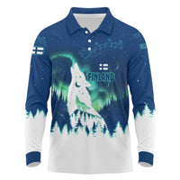 Finland Christmas Long Sleeve Polo Shirt with Howling Wolf Northern Lights Forest and Snow Design - Wonder Print Shop